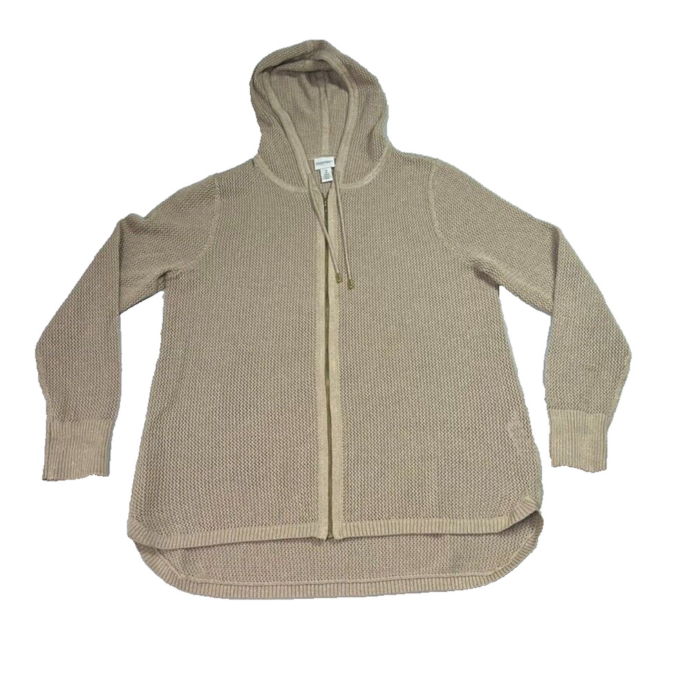 Zenergy Chicos Sweater Jacket Womens 2 Beige Open Knit Metallic Full Zip Hooded